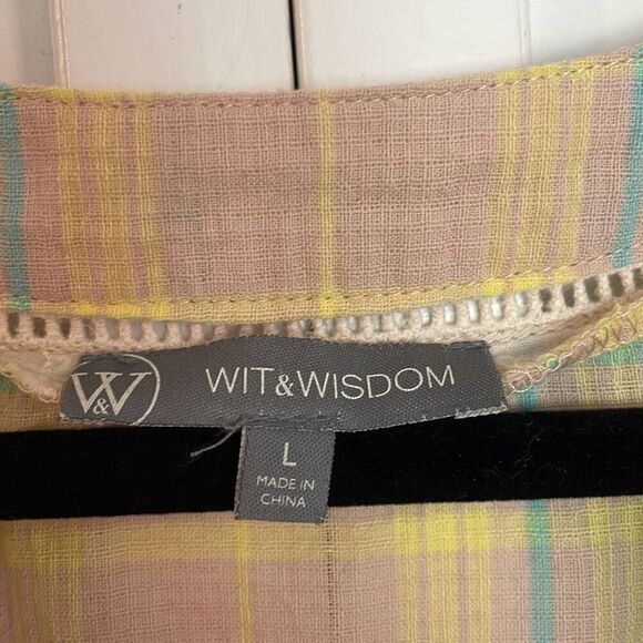 Wit & Wisdom yellow plaid button front ruffle blouse Large - Picture 3 of 8